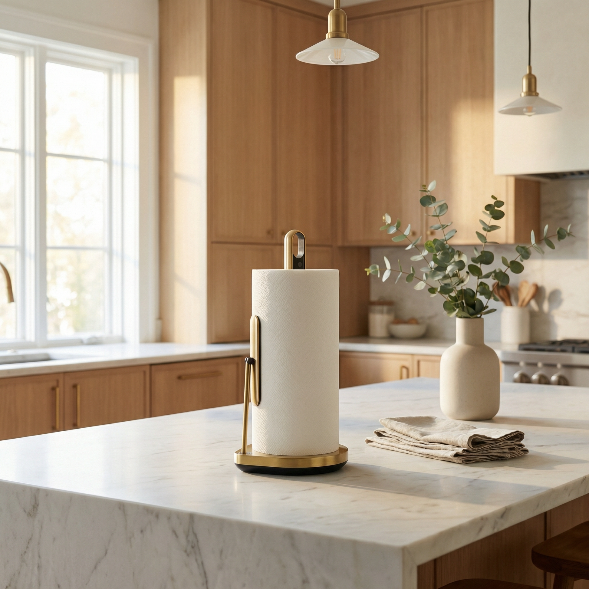 Simplehuman's Paper Towel Holder with Spray in Brass in a modern kitchen setting with lots of wooden cabinets, marble countertop and natural light.