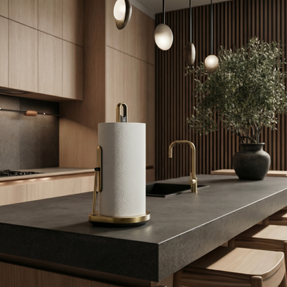 Simplehuman's Paper Towel Holder with Spray in Brass in a modern kitchen setting with darker counters and light wooden accents.
