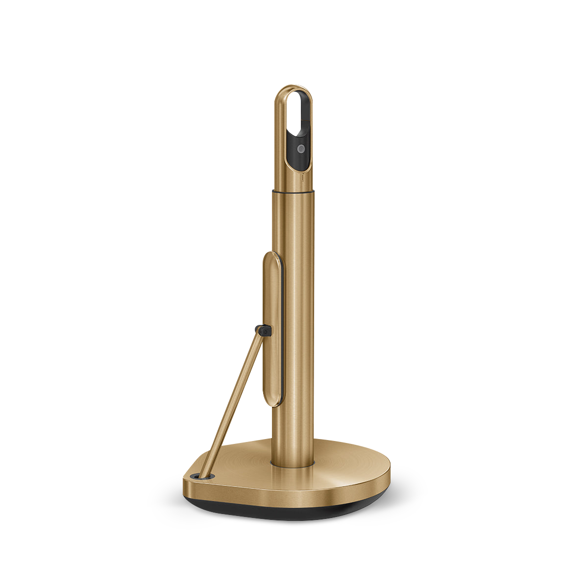 Angled view of Simplehuman Brass Paper Towel Holder, showing quick-tear arm and spray handle storage.