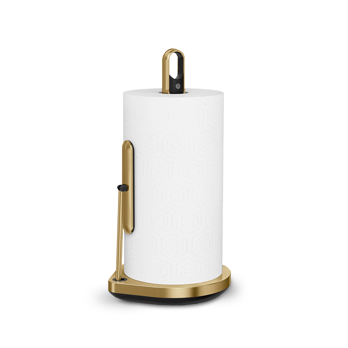 Simplehuman Brass Paper Towel Holder with Spray, 2-in-1 design with quick-tear arm.