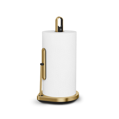 Simplehuman Brass Paper Towel Holder with Spray, 2-in-1 design with quick-tear arm.