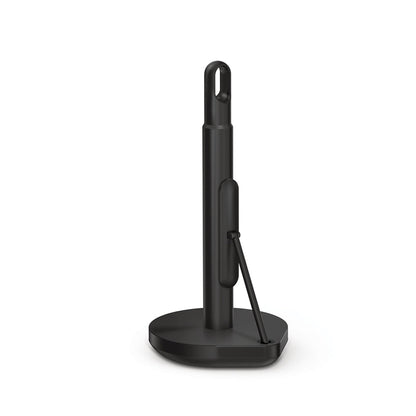 Angled view of Simplehuman Matte Black Tension Arm Paper Towel Holder with stable weighted base.