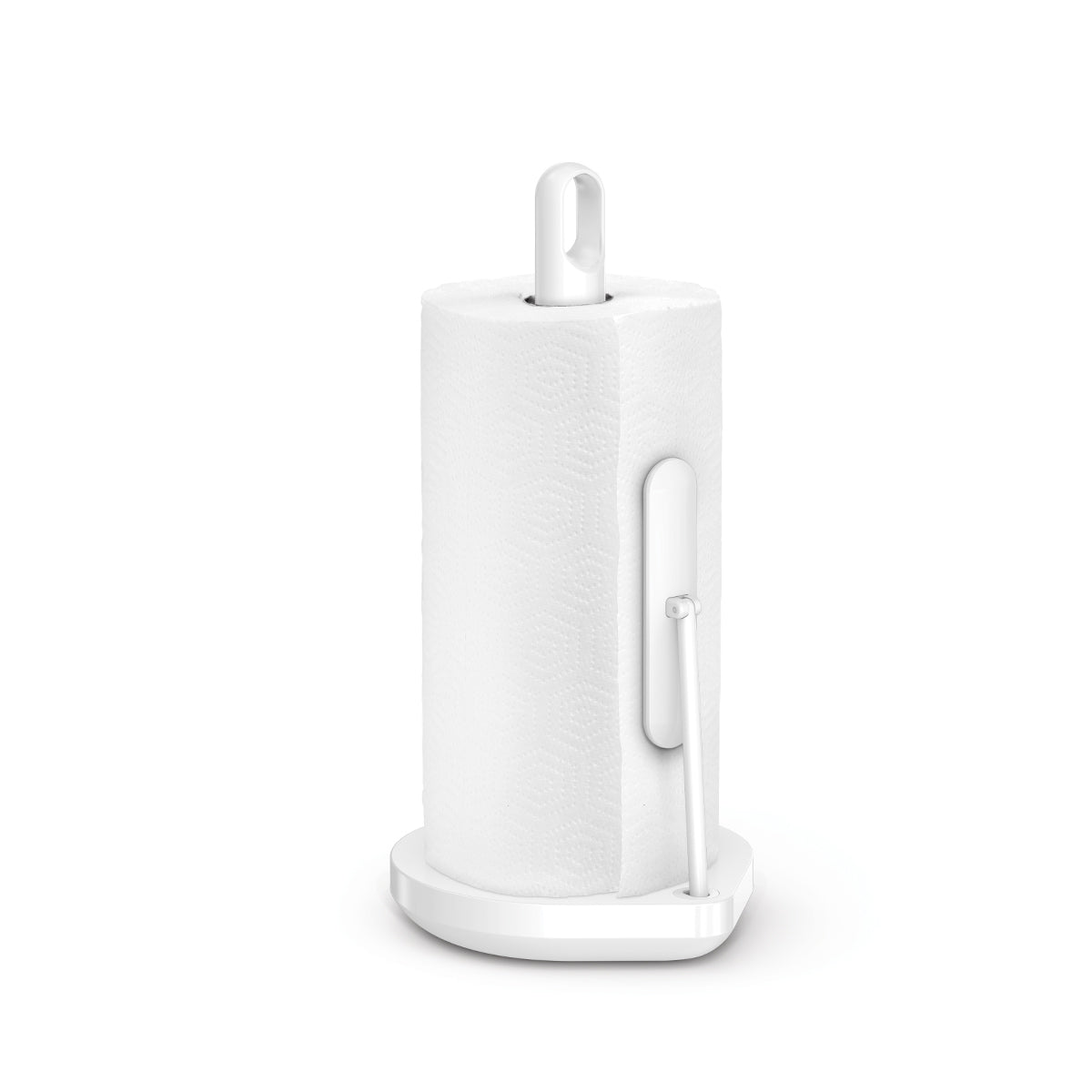 Simplehuman Tension Arm Paper Towel Holder in White, adjustable tension arm ensures one-handed tear.