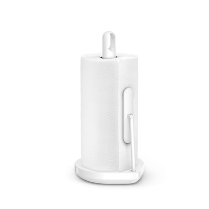 Simplehuman Tension Arm Paper Towel Holder in White, adjustable tension arm ensures one-handed tear.