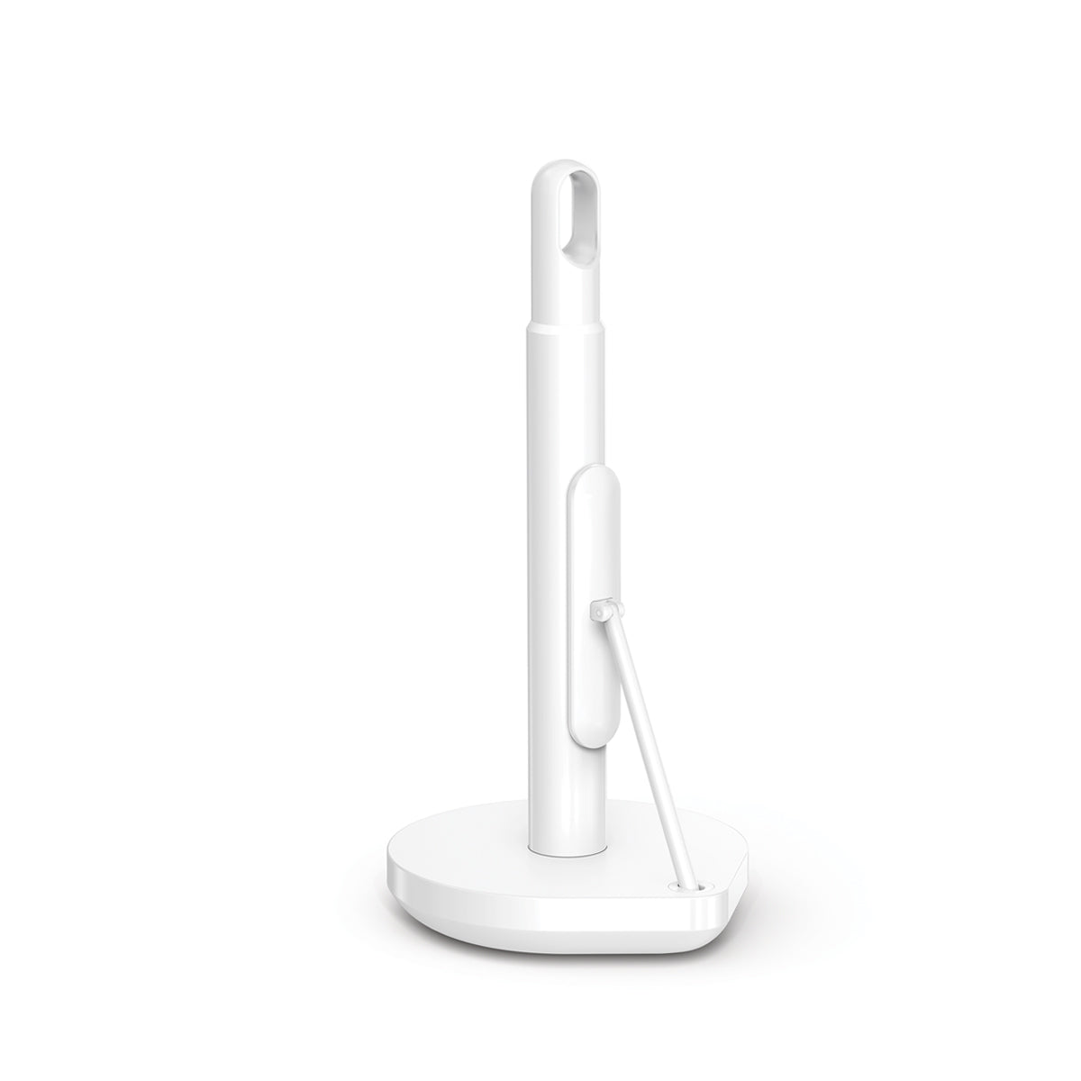 Angled view of Simplehuman White Tension Arm Paper Towel Holder, showing stable weighted base and carry loop handle.