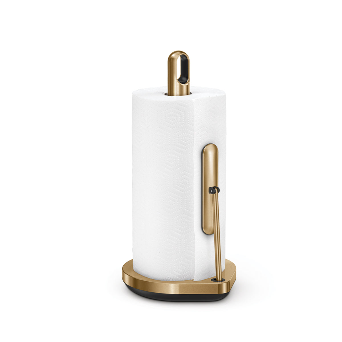 Simplehuman Brass Tension Arm Paper Towel Holder, weighted base enables one-handed tear.