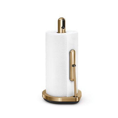 Simplehuman Brass Tension Arm Paper Towel Holder, weighted base enables one-handed tear.
