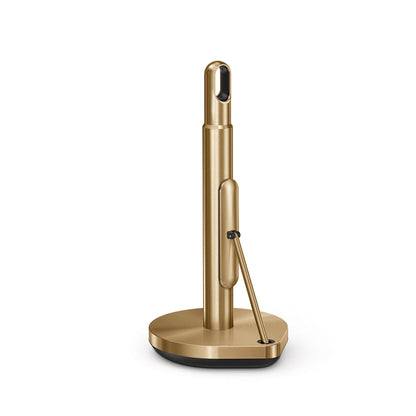 Simplehuman Brass Tension Arm Paper Towel Holder, front view showing carry handle and weighted base.