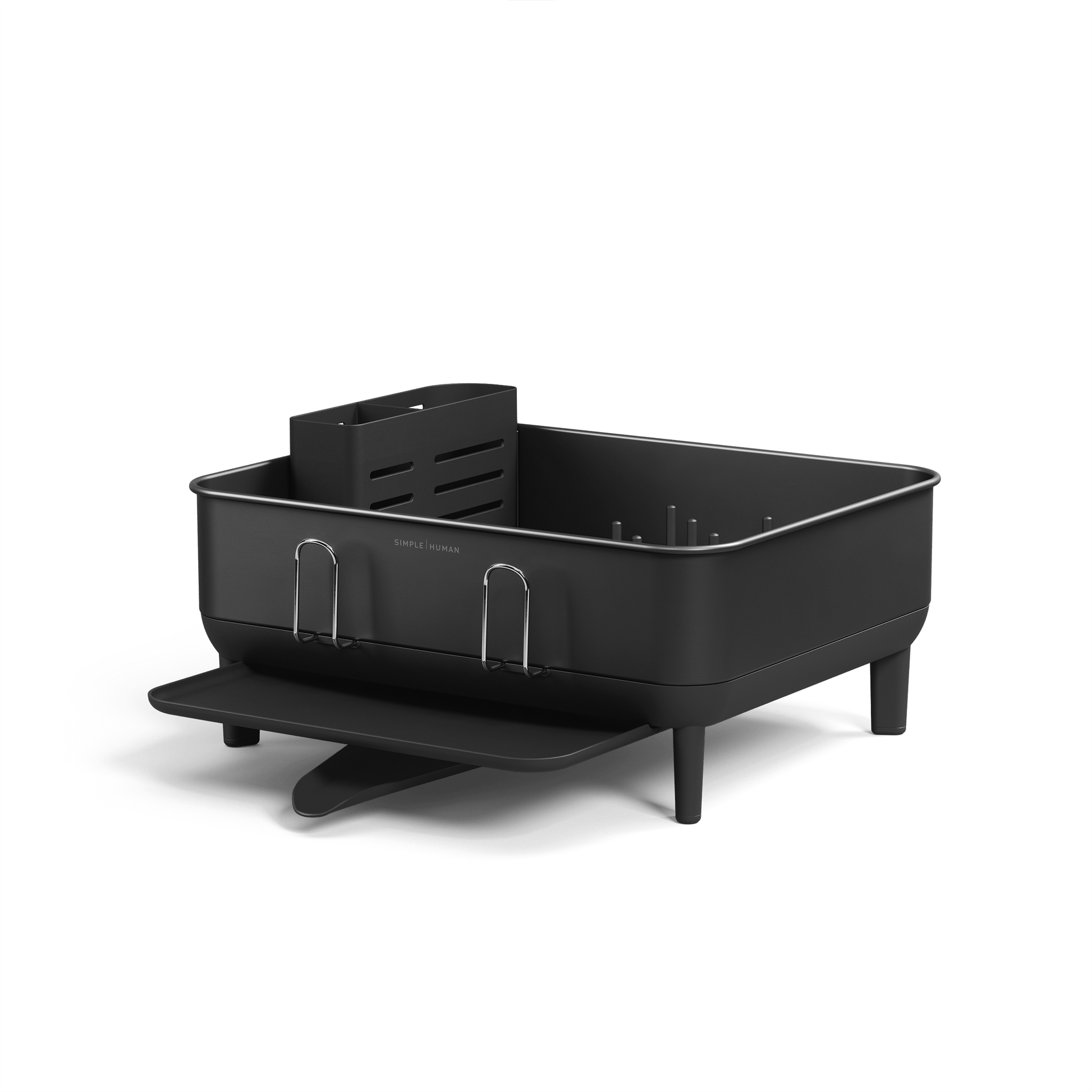 Angled view of Simplehuman Compact Steel Frame Dishrack, Matte Black, featuring removable caddy and polished steel cup rack.
