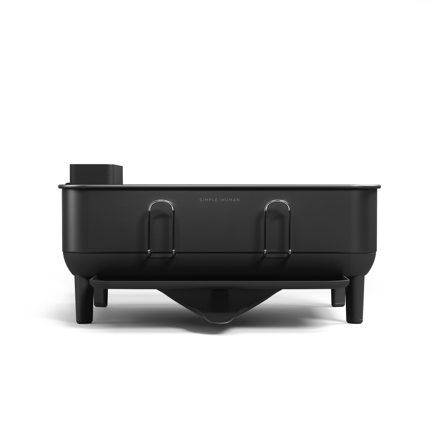 Profile view of Simplehuman Compact Steel Frame Dishrack in Matte Black, showing elevated legs and direct drainage spout.