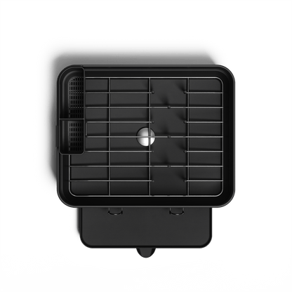 Simplehuman Compact Steel Frame Dishrack, Matte Black, top-down view showing steel rack and integrated utensil caddy.