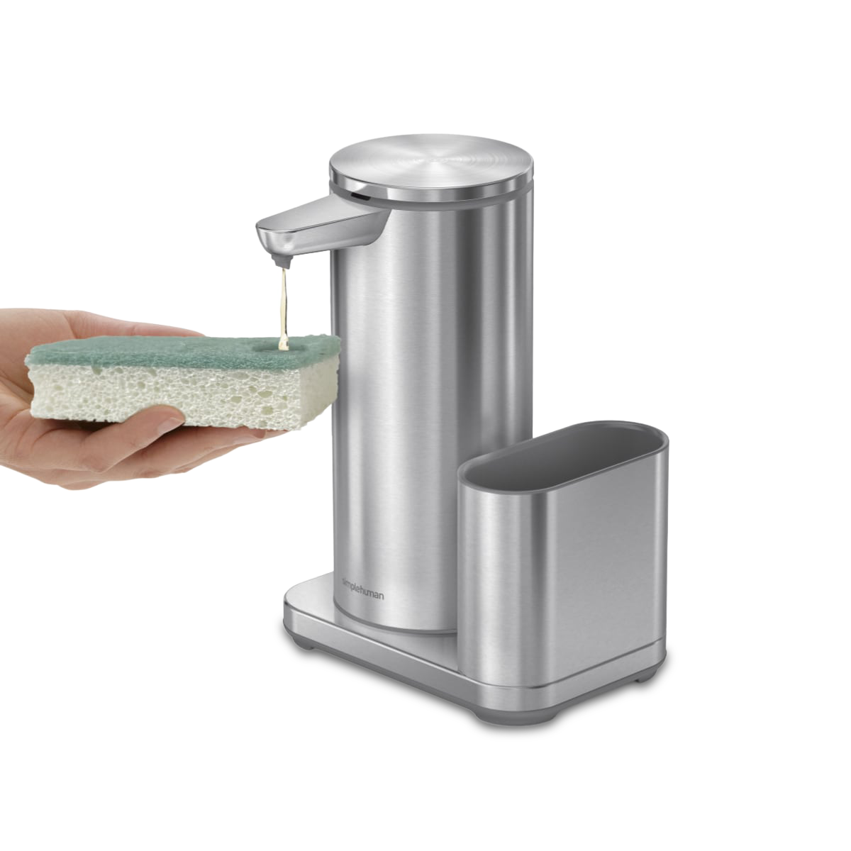 Simplehuman Brushed Stainless Steel Sensor Pump with Caddy dispensing soap onto sponge, touch-free.