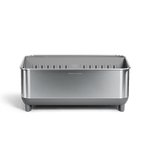 Front view of Simplehuman Brushed stainless steel Bottle Dock with gray base.