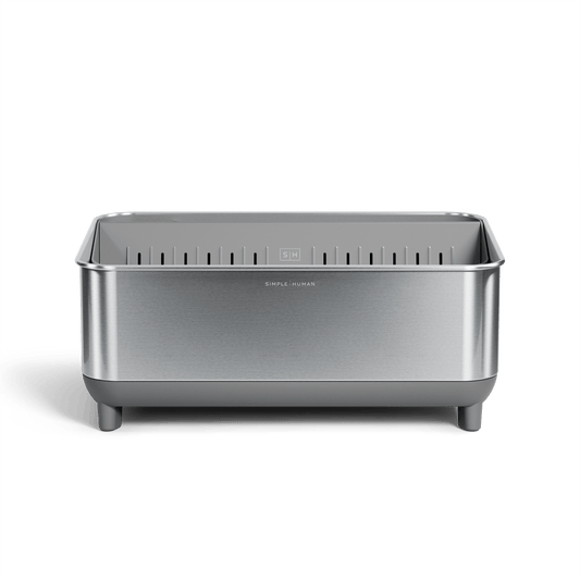 Front view of Simplehuman Brushed stainless steel Bottle Dock with gray base.