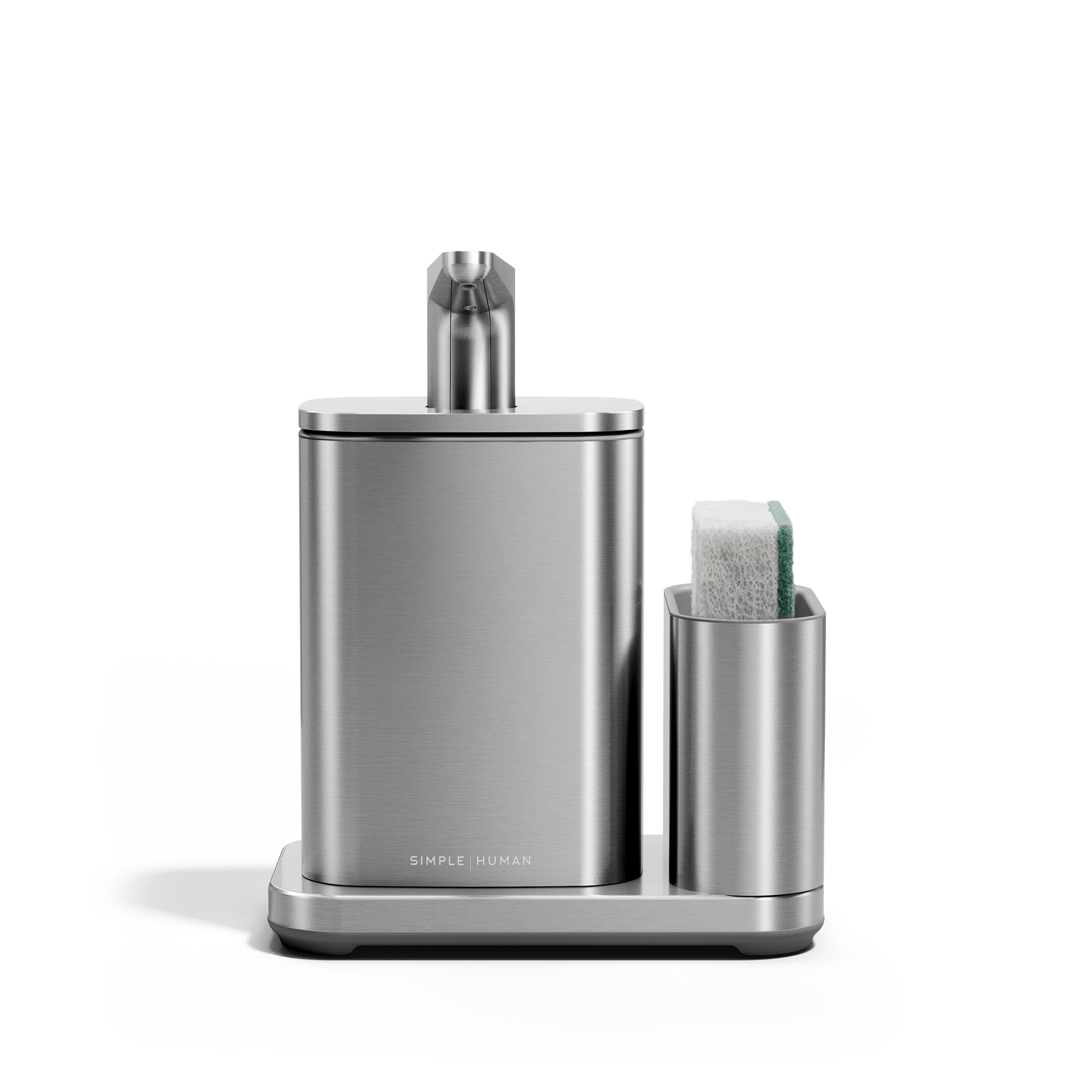 Front view of Simplehuman Brushed stainless steel Pulse Pump with Caddy.