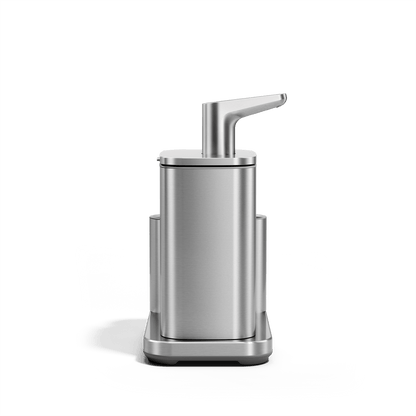 Side view of Simplehuman Brushed Pulse Pump with Caddy.