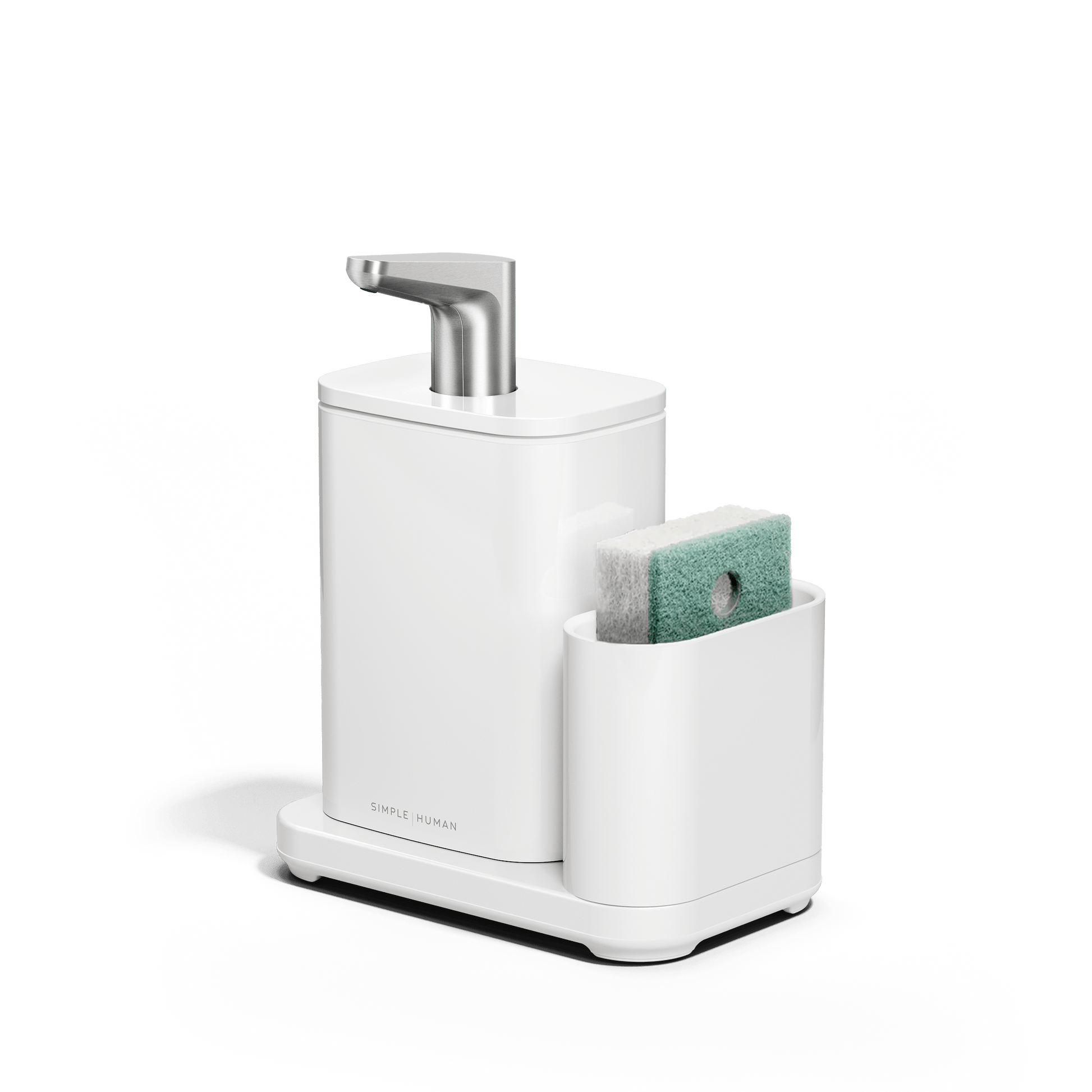 Angled Simplehuman White Pulse Pump with Caddy with green sponge in caddy.
