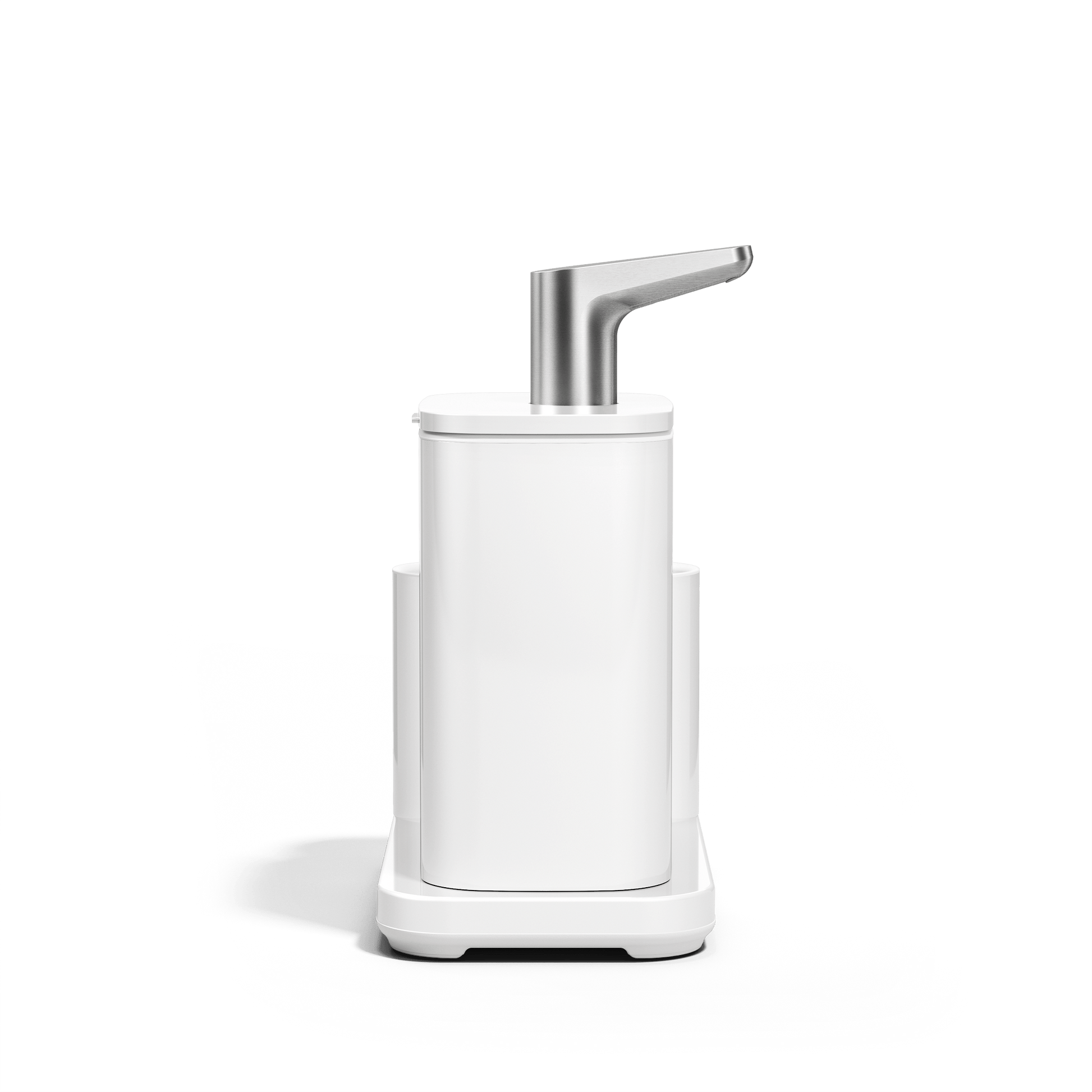 Simplehuman White Pulse Pump with caddy side view.