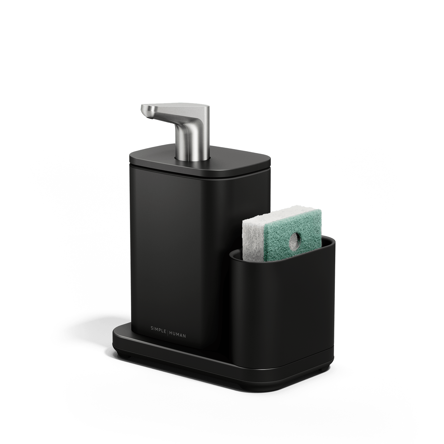 Angled view of Simplehuman Pulse Pump with Caddy with green sponge in caddy.