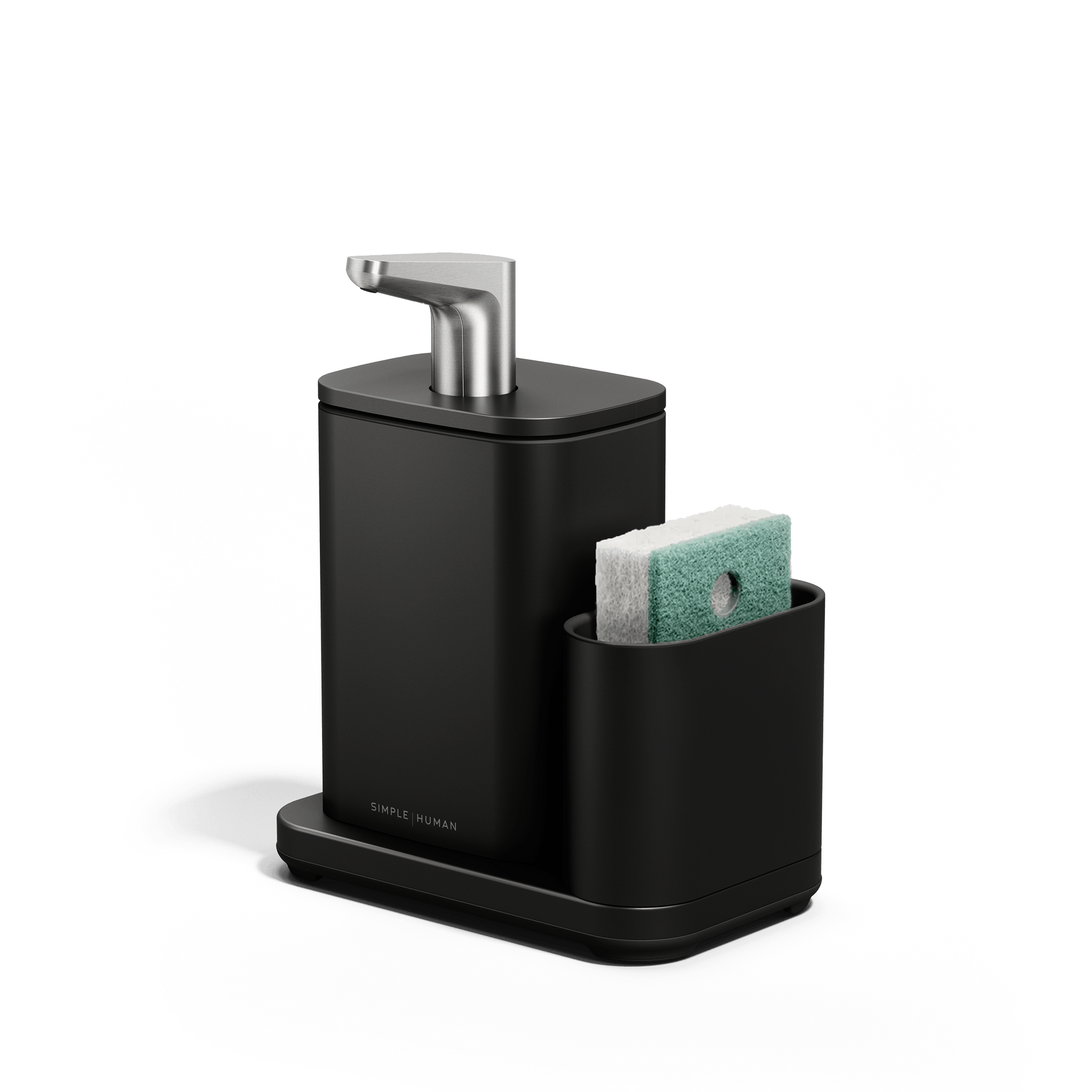 Angled view of Simplehuman Pulse Pump with Caddy with green sponge in caddy.
