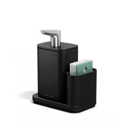 Angled view of Simplehuman Pulse Pump with Caddy with green sponge in caddy.