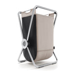 Simplehuman Single X-Frame Hamper, Polished Stainless Steel, with removable beige and black sorting liner.