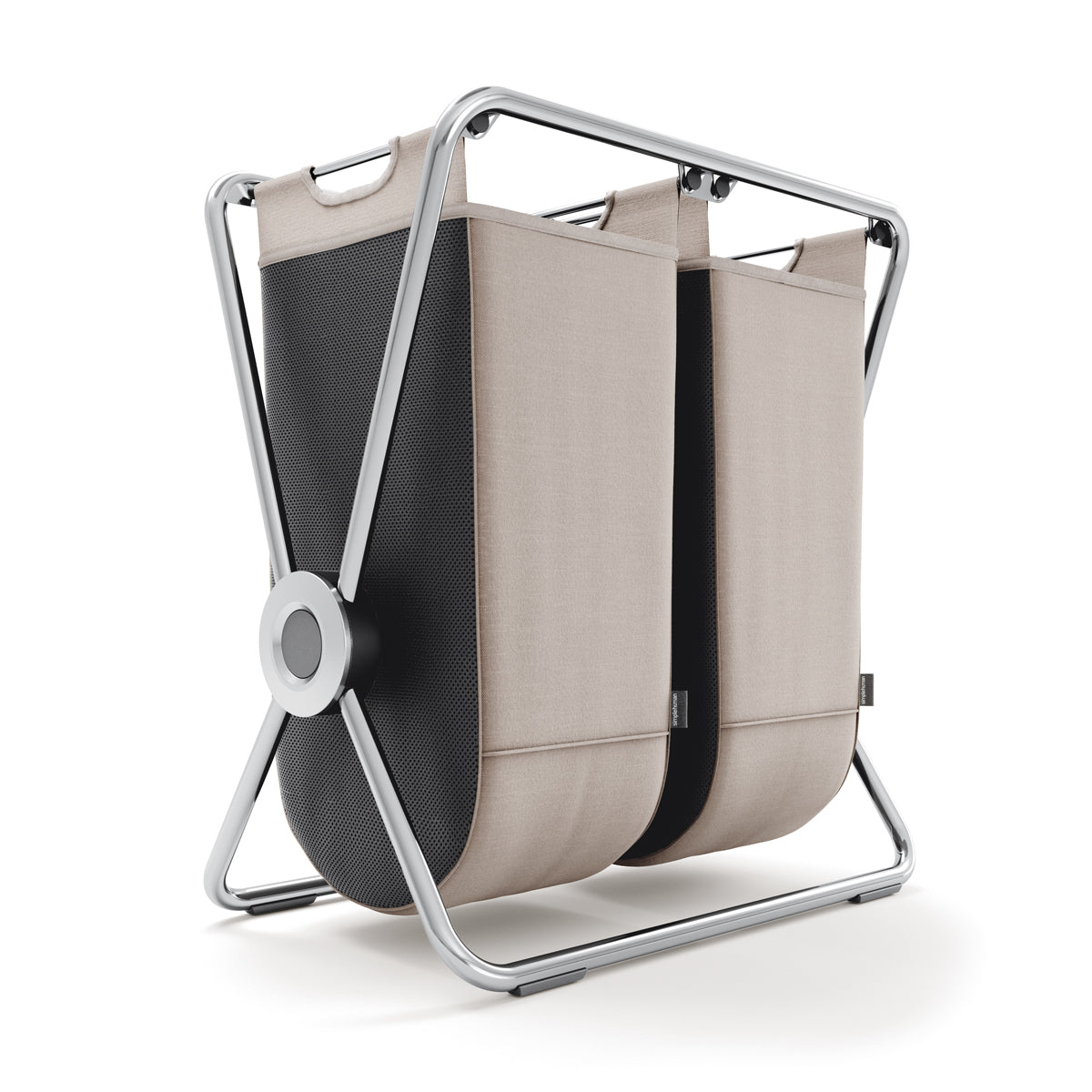 Simplehuman Double X-Frame Hamper, polished stainless steel frame, dual removable liners for laundry sorting.
