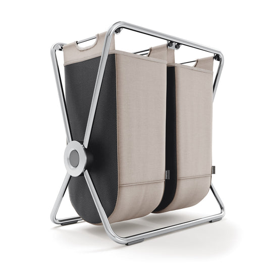 Simplehuman Double X-Frame Hamper, polished stainless steel frame, dual removable liners for laundry sorting.