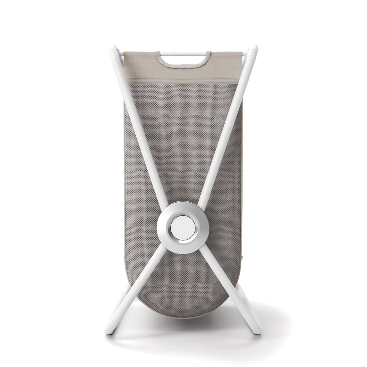 Back view of Simplehuman Double X-Frame Hamper, White frame structure supporting the dual beige/gray removable liner.