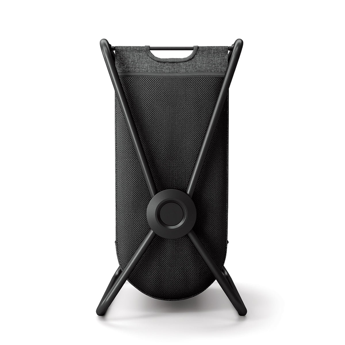 Straight-on view of Simplehuman Single X-Frame Hamper, Matte Black, narrow profile, removable dark gray breathable mesh liner.