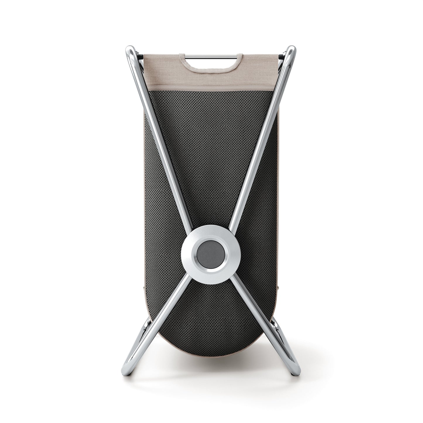 Back view of Simplehuman Single X-Frame Hamper, Polished Stainless Steel, removable liner with carry handle.