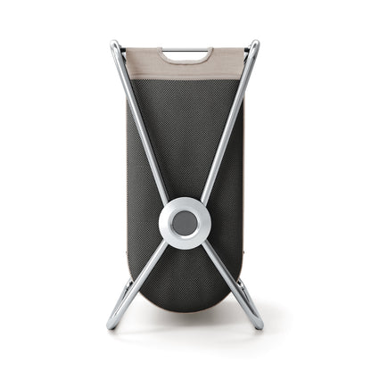 Back view of Simplehuman Single X-Frame Hamper, Polished Stainless Steel, removable liner with carry handle.