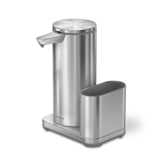 Angled view of Simplehuman Liquid Sensor Pump and Caddy in Brushed Stainless Steel, touch-free dispensing.