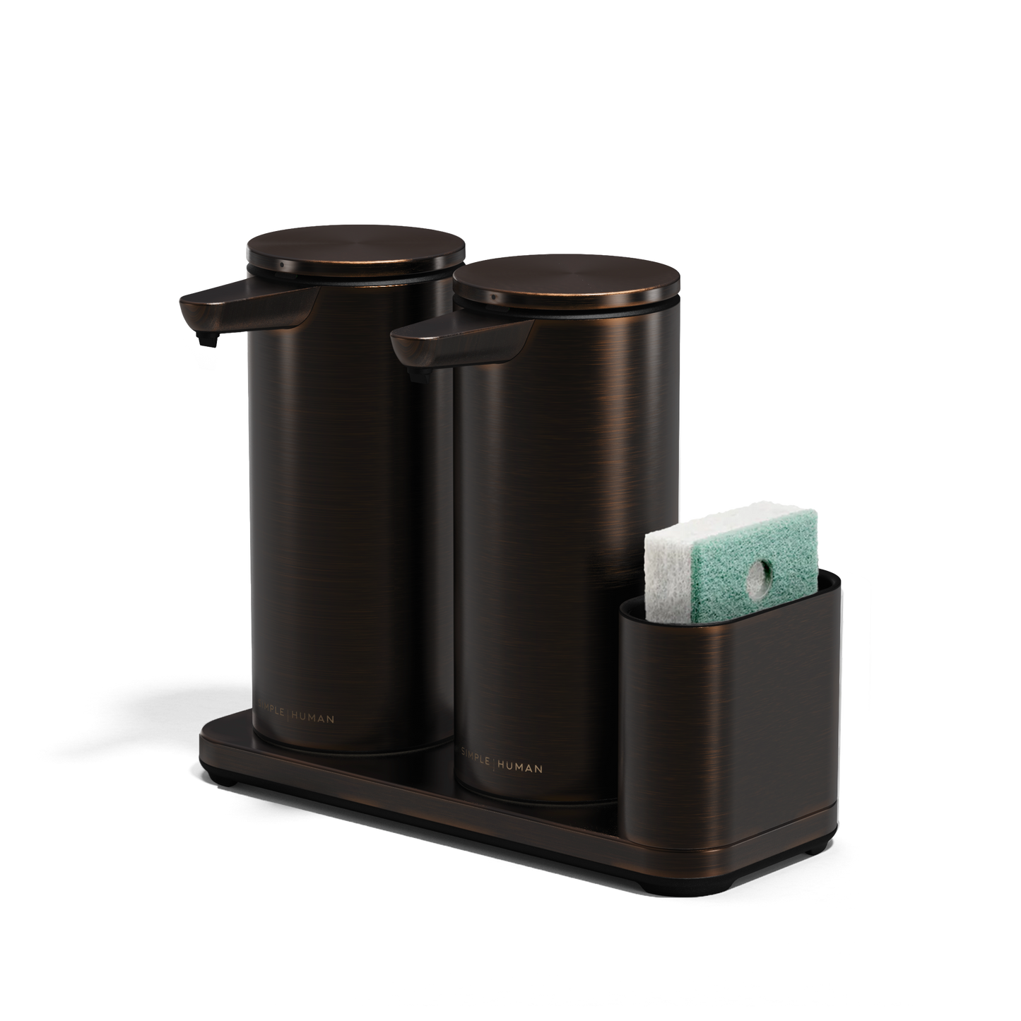 Isolated view: Simplehuman Dark Bronze Dual Sensor Pump 14 oz. with caddy holding sponge, twin rechargeable, touch-free.