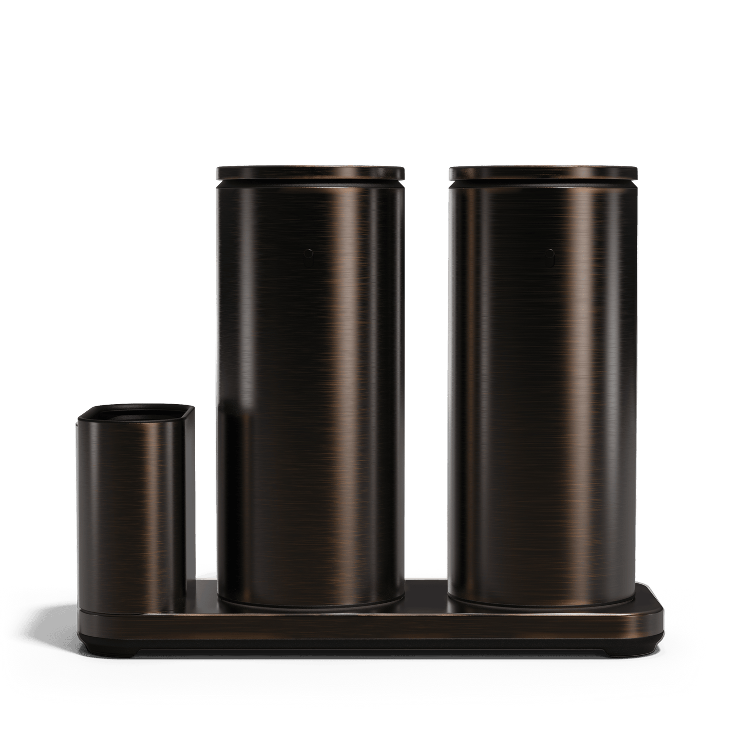 Front view: Simplehuman Dark Bronze Dual Sensor Pump 14 oz. with Caddy, twin rechargeable hands-free dispensing.
