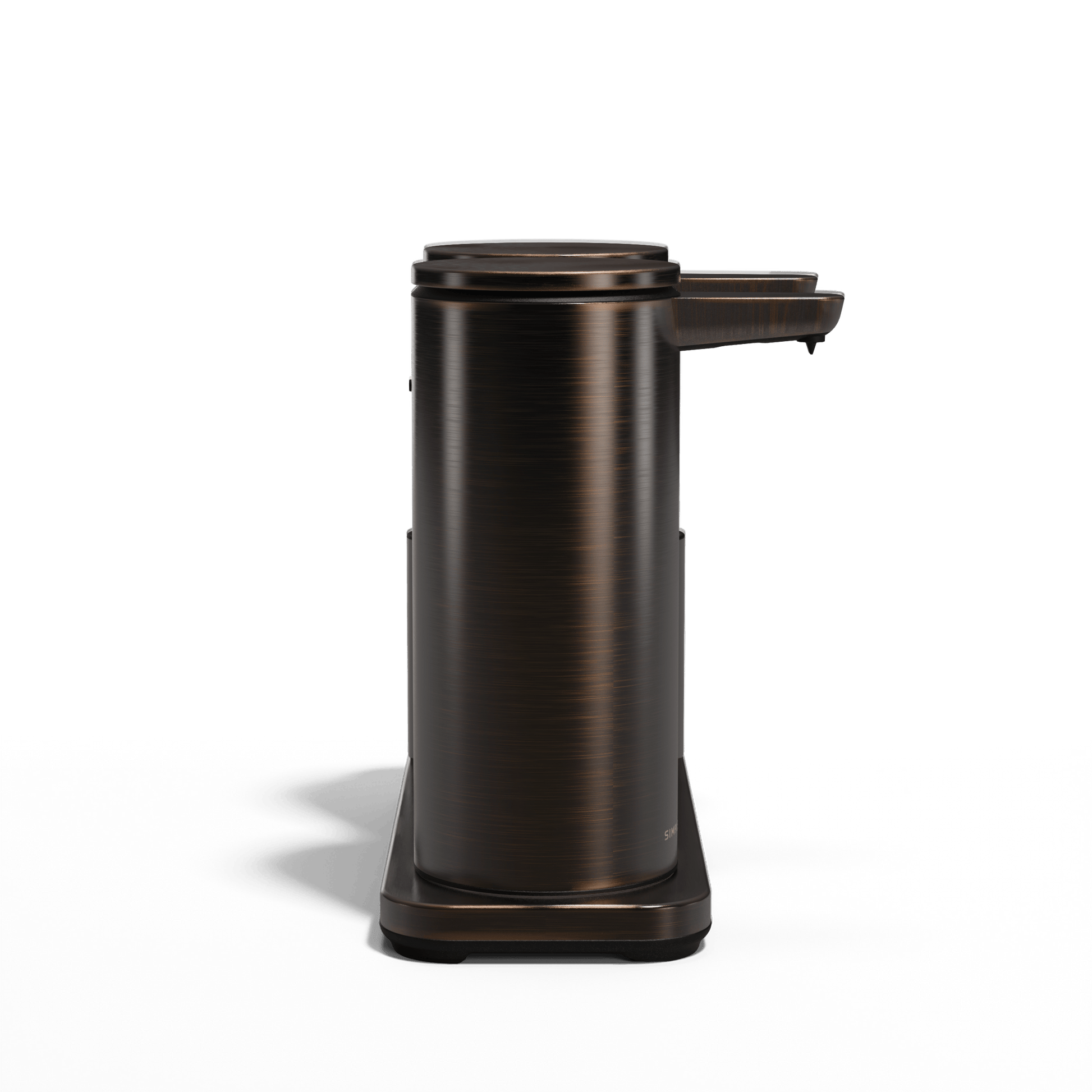Straight-on isolated view: Simplehuman Dark Bronze Dual Sensor Pump 14 oz. with Caddy, rechargeable, hands-free dispensing.