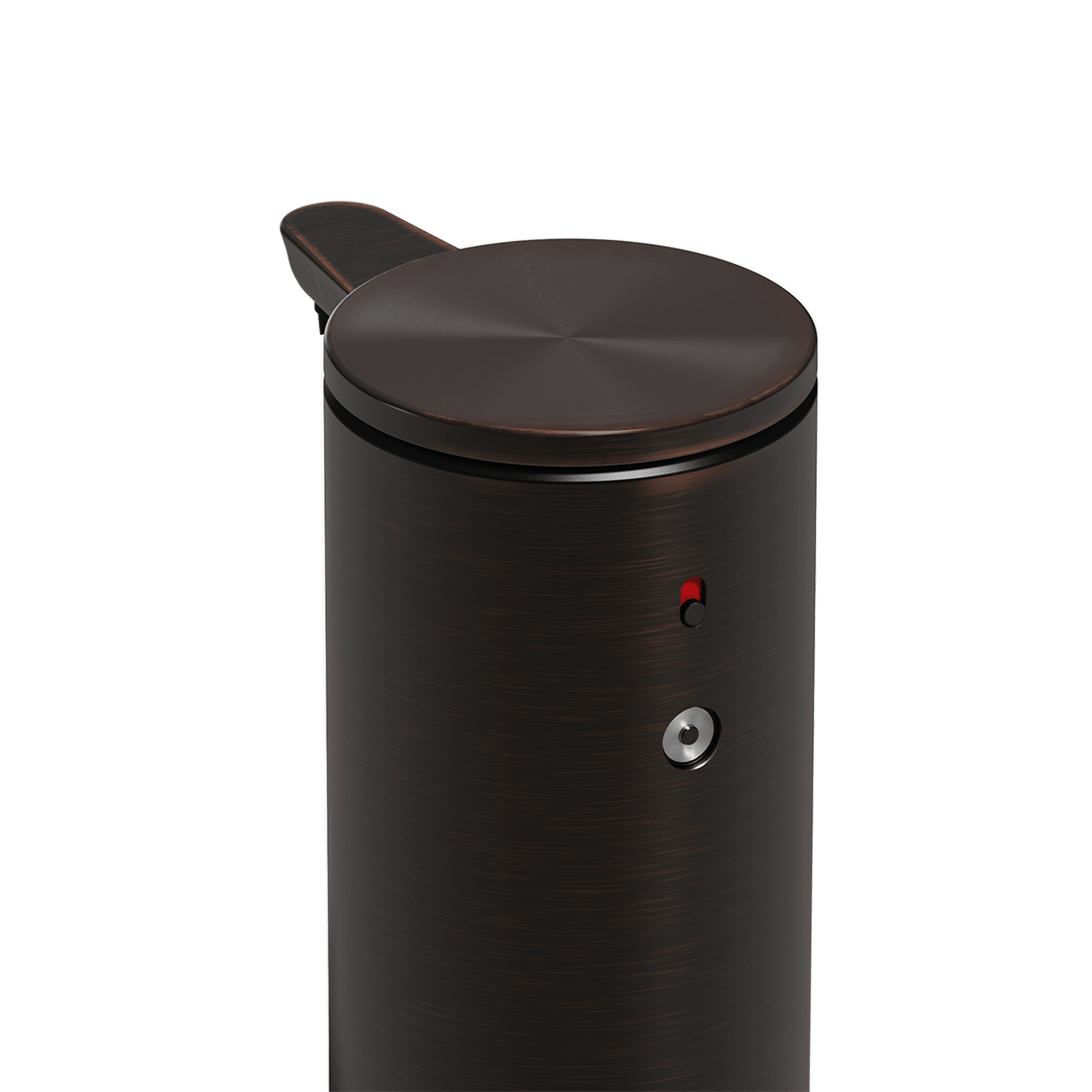 High-angle detail view of Simplehuman 9 oz. Rechargeable Sensor Pump (Dark Bronze), showing dosage control and power indicator.
