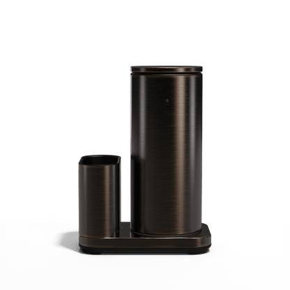 Studio front view: Simplehuman Brushed Bronze 14 oz Sensor Pump + Caddy, rechargeable touch-free design.