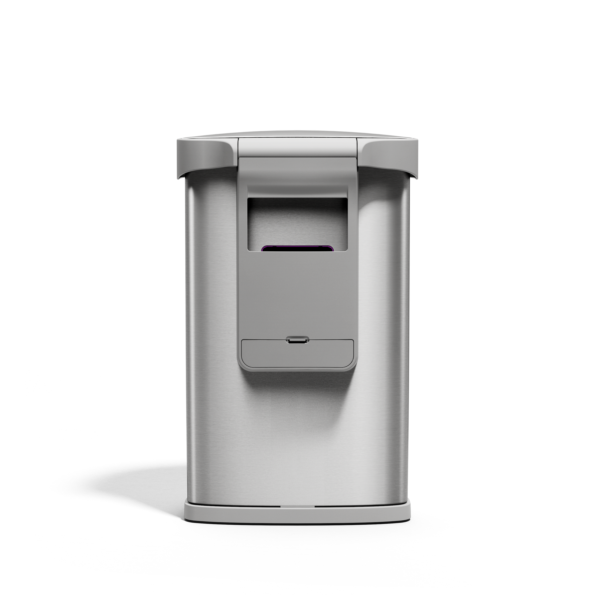 Back view of Simplehuman 45L Sensor Can, Brushed Stainless Steel, showing the built-in liner pocket and storage.