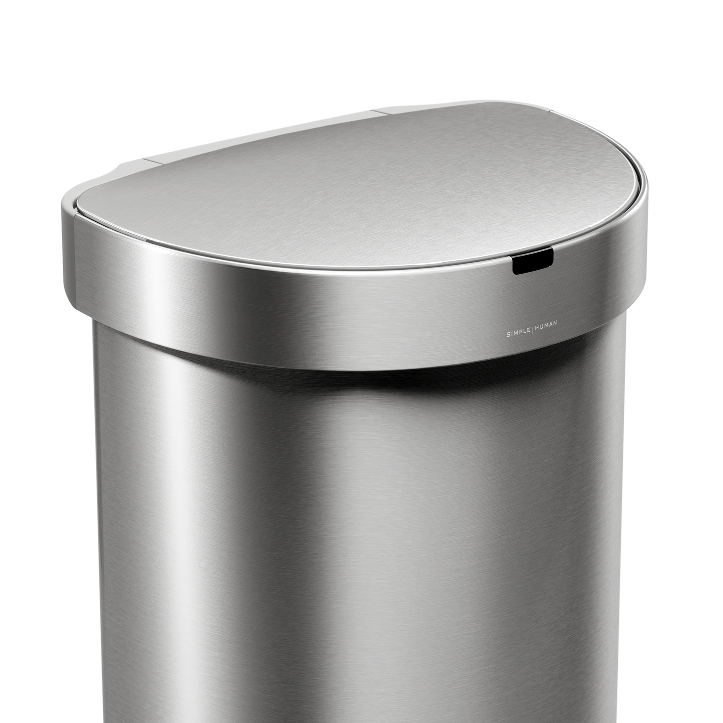 Close-up of Simplehuman 45L Semi-Round Sensor Can in Brushed Stainless Steel, highlighting the touch-free sensor