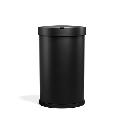 Front view of Simplehuman 45L Semi-Round Sensor Can in Matte Black, touch-free waste disposal.