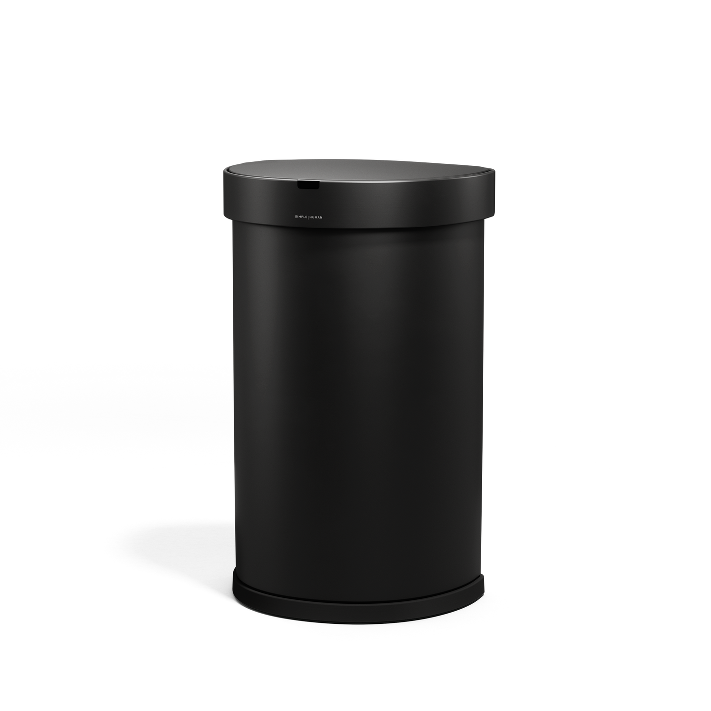 Angled view of Simplehuman 45L Sensor Can, Matte Black, hands-free operation.