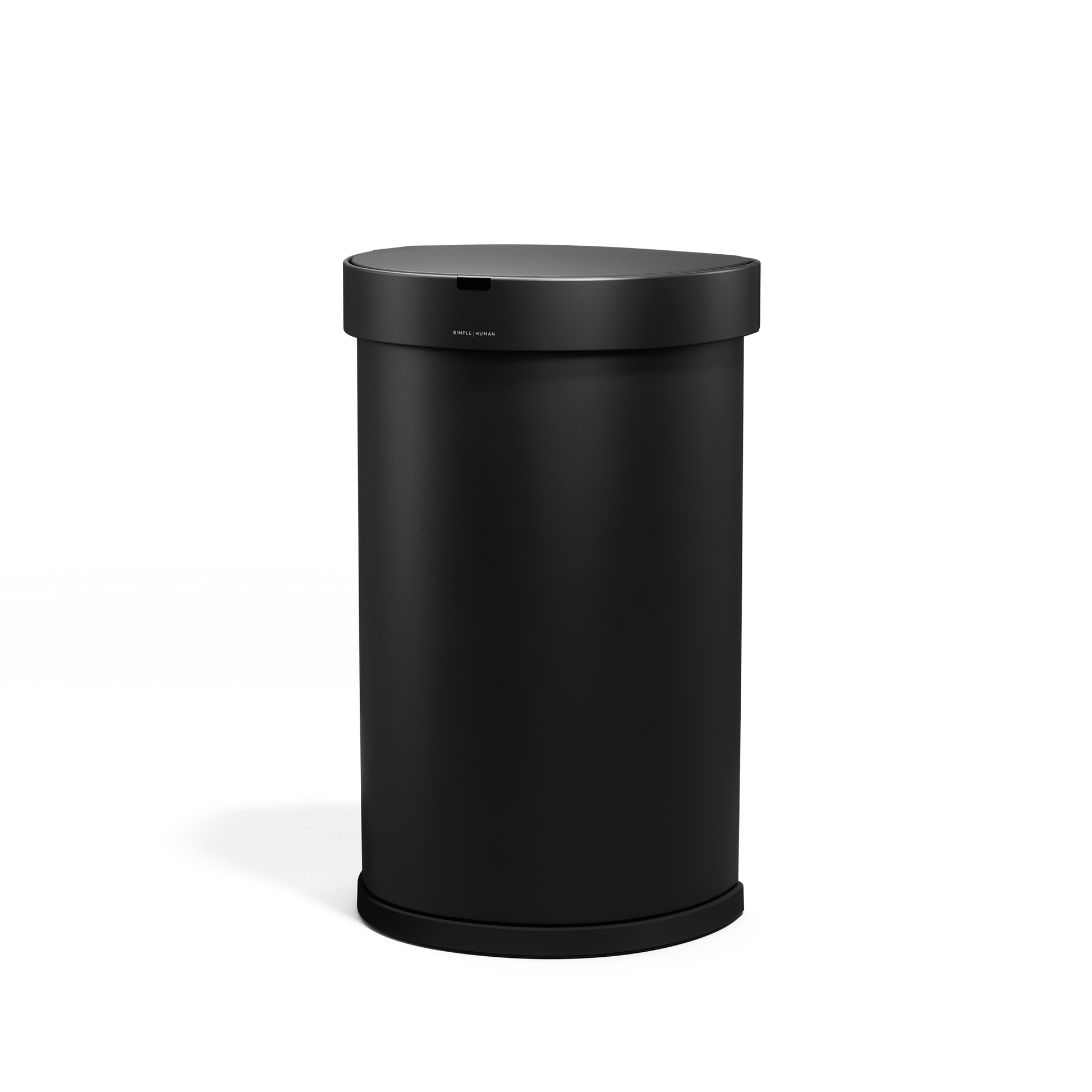 Angled view of Simplehuman 45L Sensor Can, Matte Black, hands-free operation.