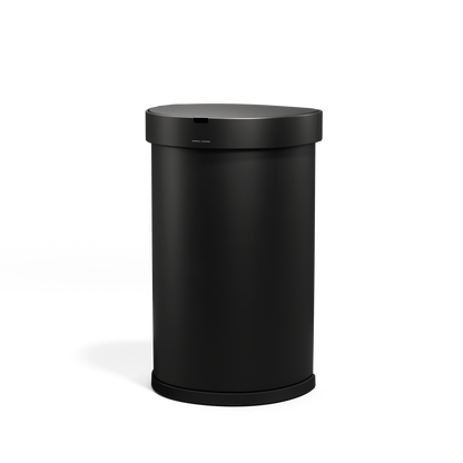 Angled view of Simplehuman 45L Sensor Can, Matte Black, hands-free operation.