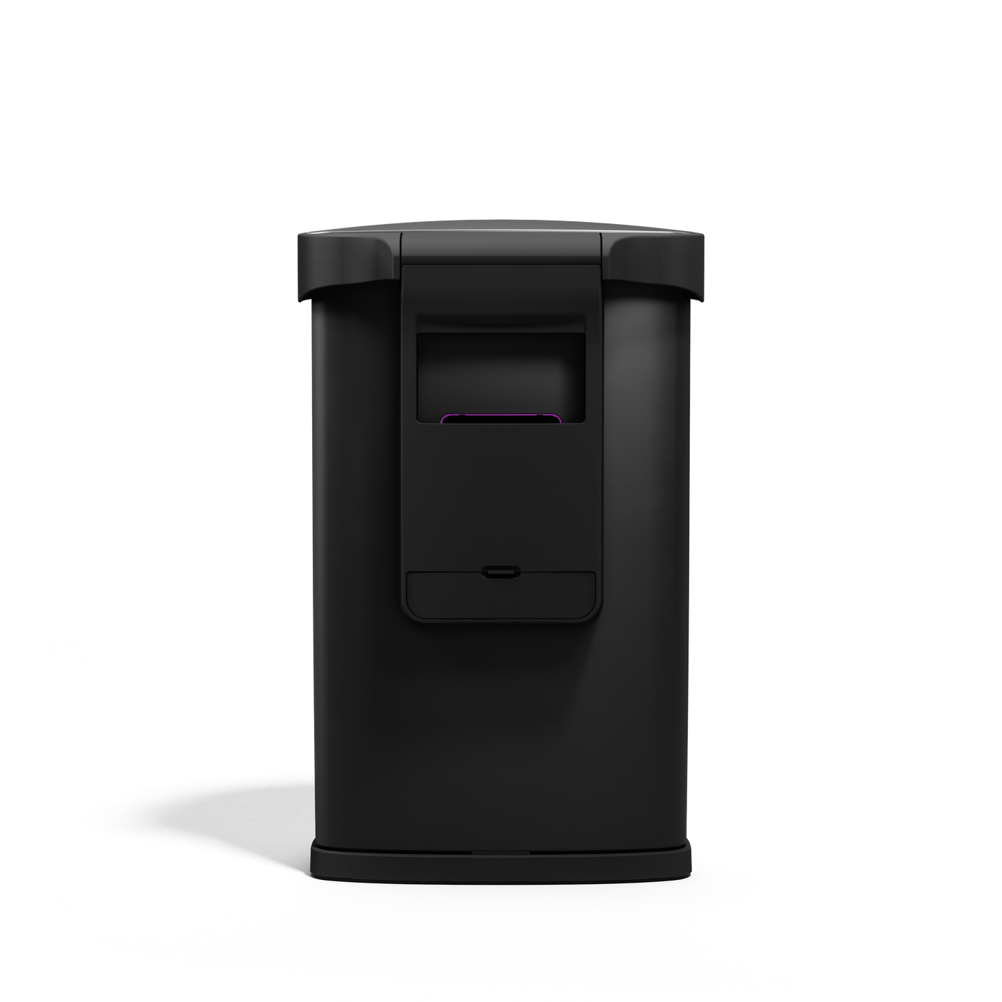 Back view of Simplehuman 45L Semi-Round Sensor Can, Matte Black, showing built-in liner pocket storage.
