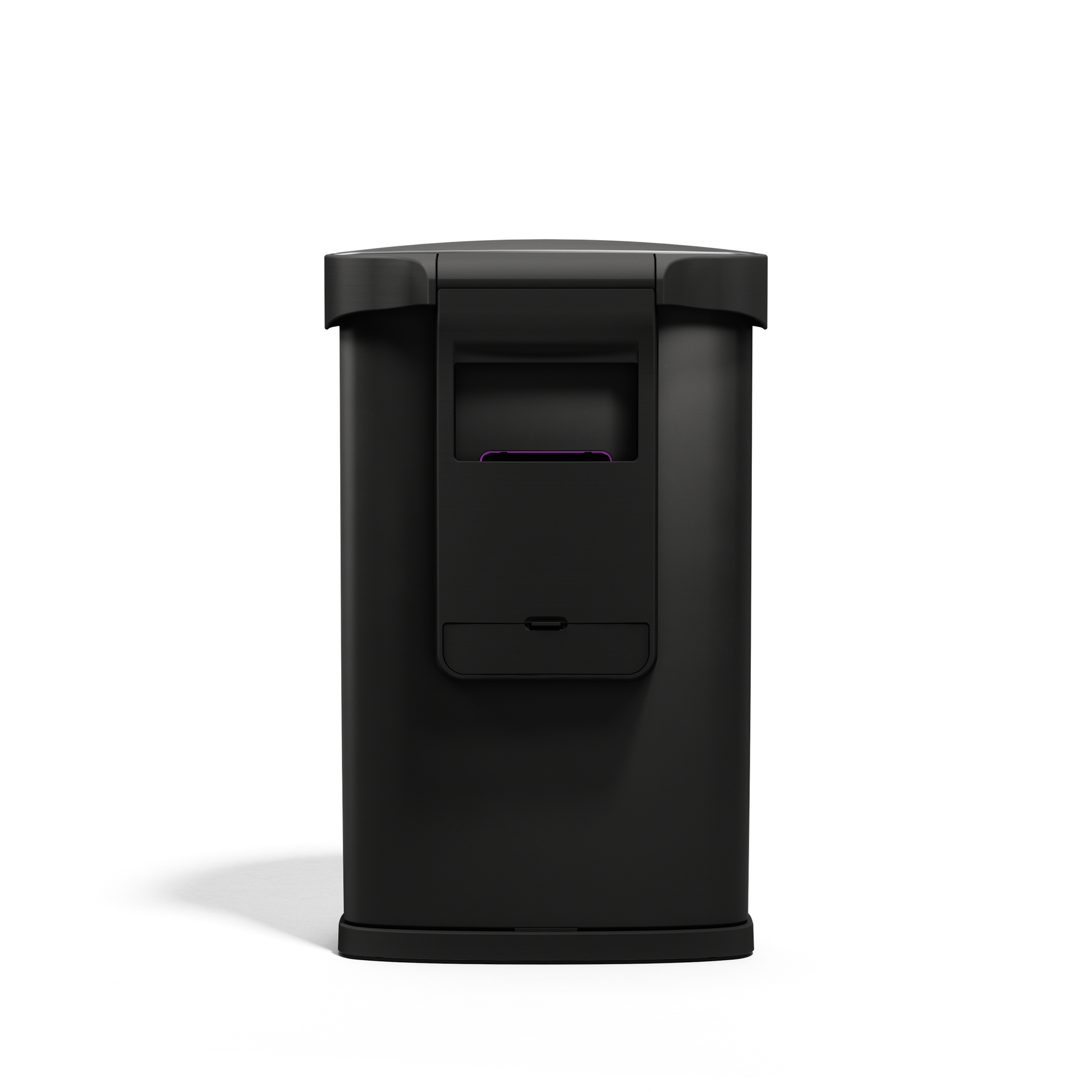 Back view of Simplehuman 45L Semi-Round Sensor Can, Matte Black, showing built-in liner pocket storage.
