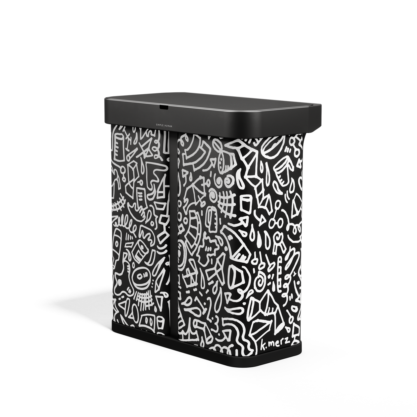 Angled view, Simplehuman 58L Sensor Recycler, Doodle Art finish, touch-free dual bin system.