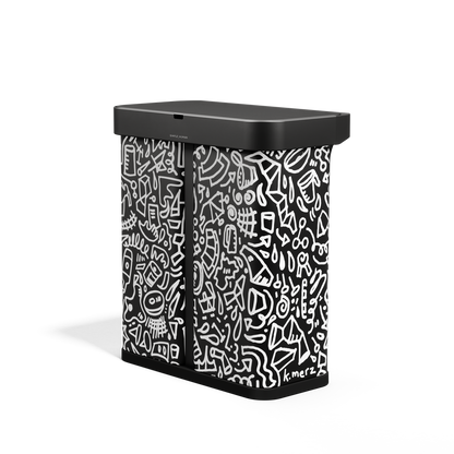 Angled view, Simplehuman 58L Sensor Recycler, Doodle Art finish, touch-free dual bin system.