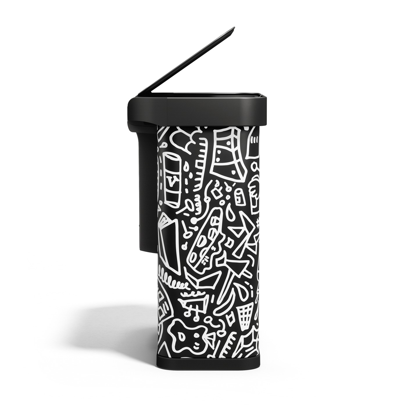 Side view of Simplehuman 58L Sensor Recycler, Doodle Art finish, touch-free dual bin with lid open.