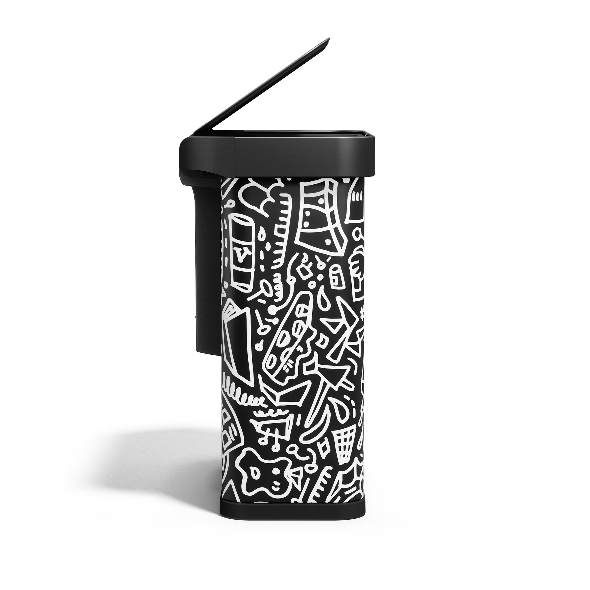 Side view of Simplehuman 58L Sensor Recycler, Doodle Art finish, touch-free dual bin with lid open.